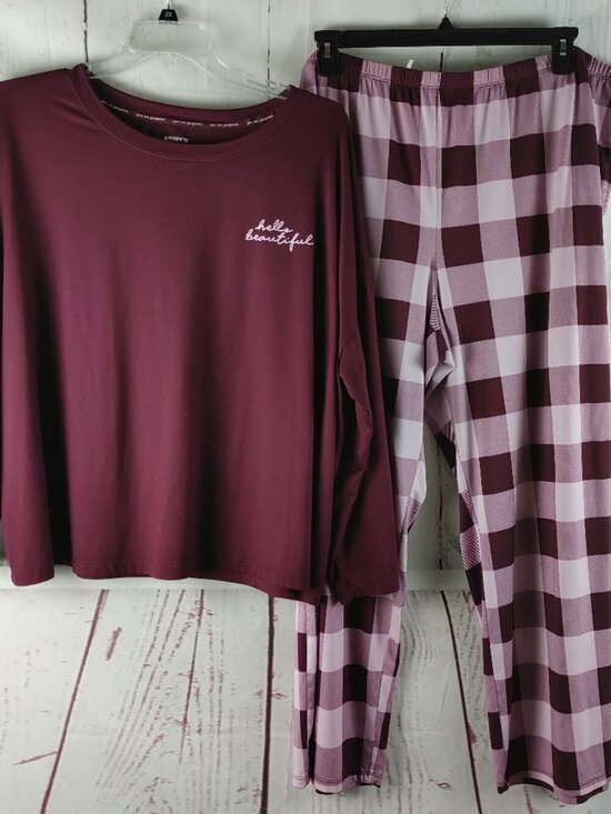 Joyspun Other - Joyspun Hello Beautiful Size 3X(22W-24W) Maroon/Plaid 2pc Lounge Set W/Pocket